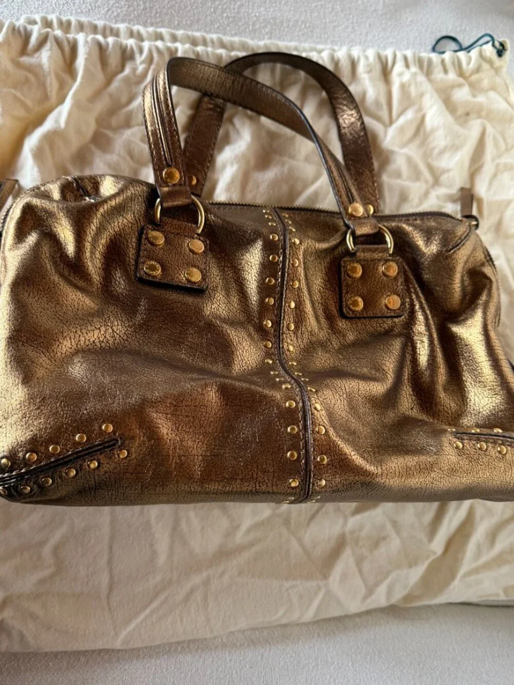 Michael Kors Metallic Bronze Leather Studded Satchel Shoulder Bag